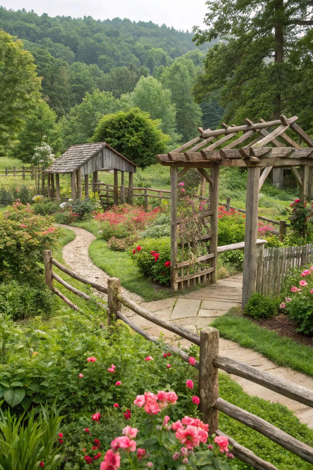 Rustic wooden elements offer structure and charm to your outdoor space.