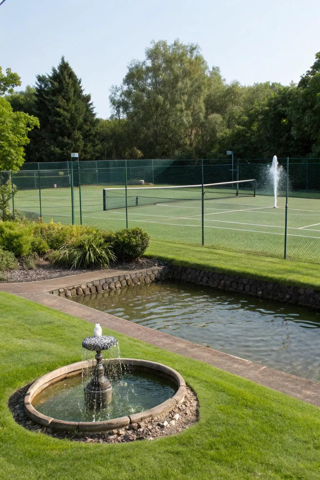 A water feature adds tranquility and beauty to your tennis court landscape.