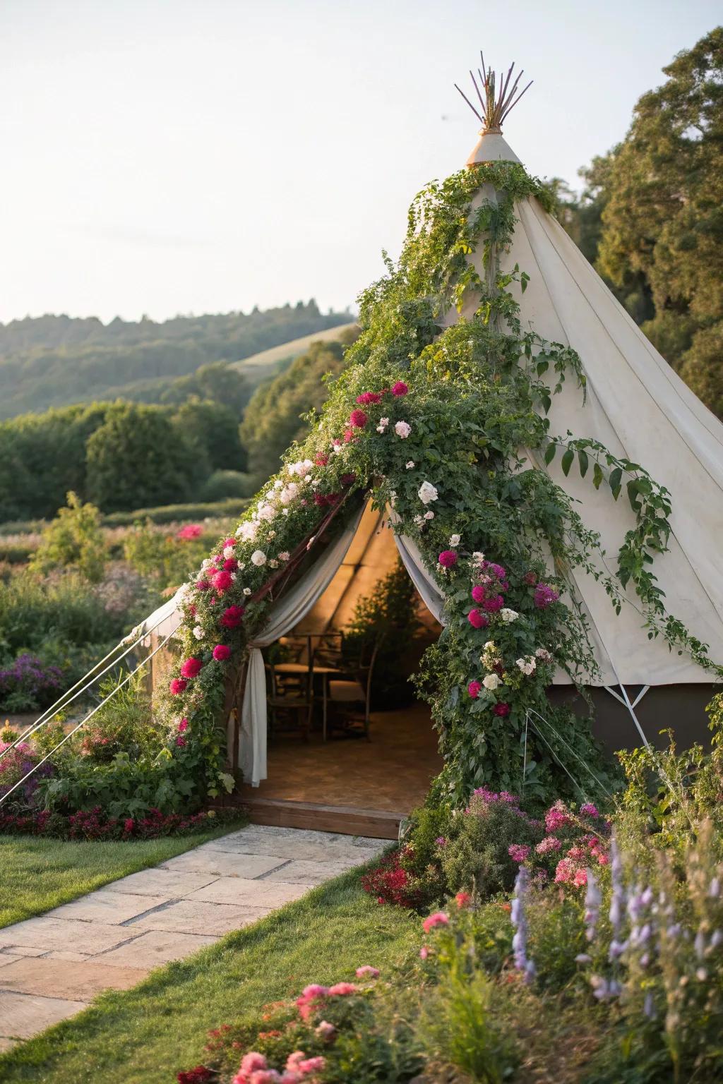 A tent beautifully integrated with nature through greenery and floral arrangements.