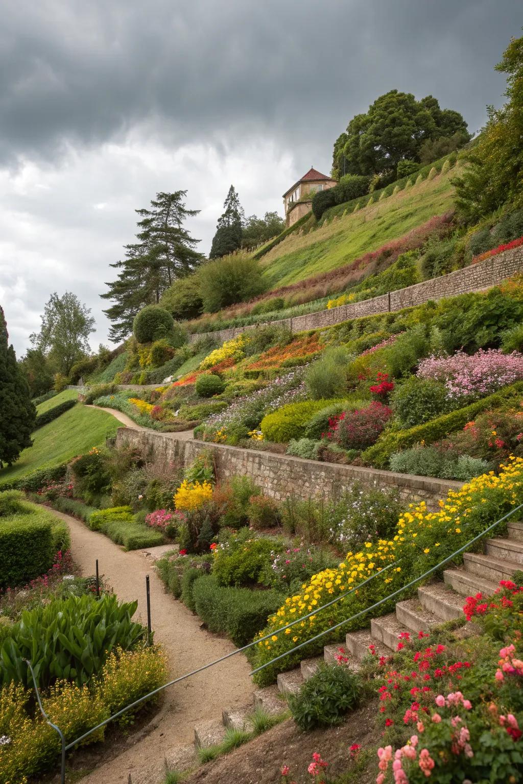 A terraced garden on a slope featuring a vibrant mix of plant varieties and flowers.
