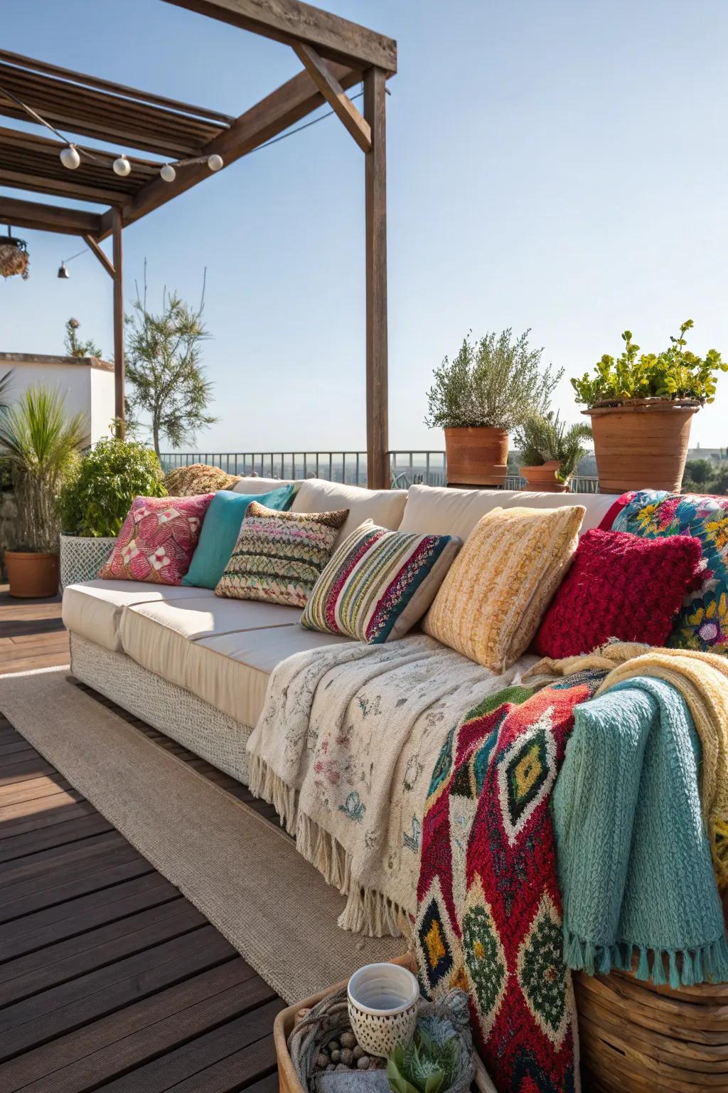 Add comfort and color with cushions and throws.