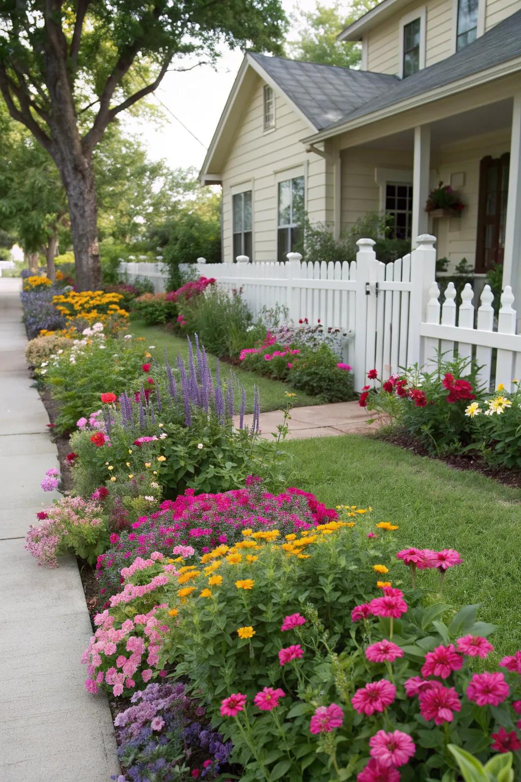 Vibrant flower beds add color to a Texas front yard.
