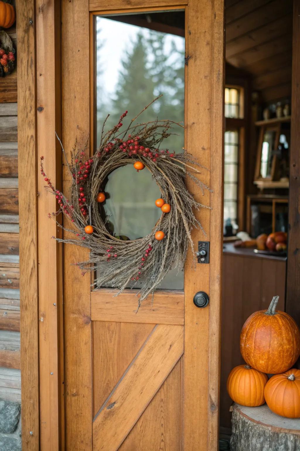 A rustic harvest wreath adds charm to the entrance.