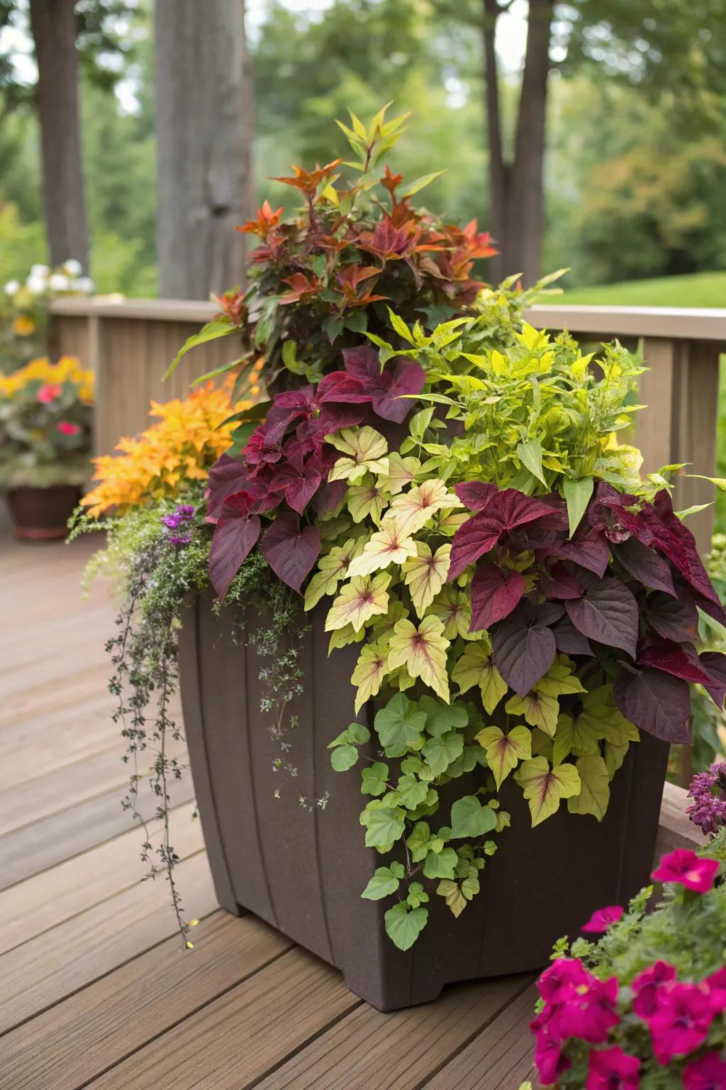 Colorful sweet potato vine spilling over the container's edge.