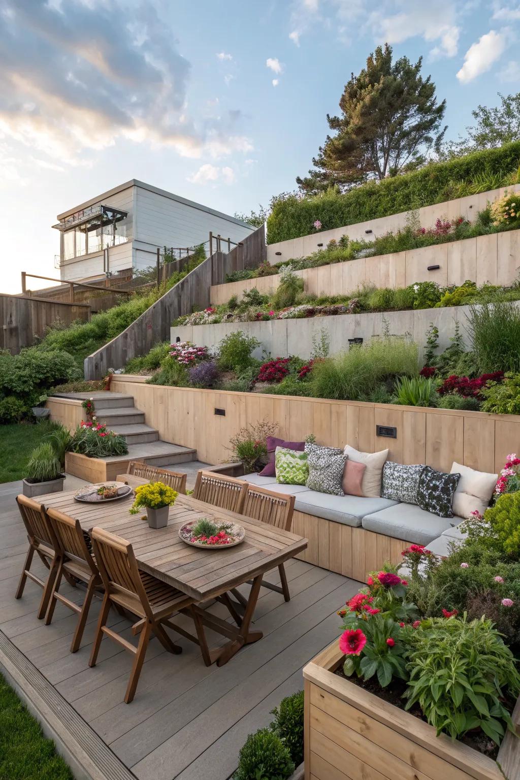 Terraced landscapes offer versatile spaces for every need.