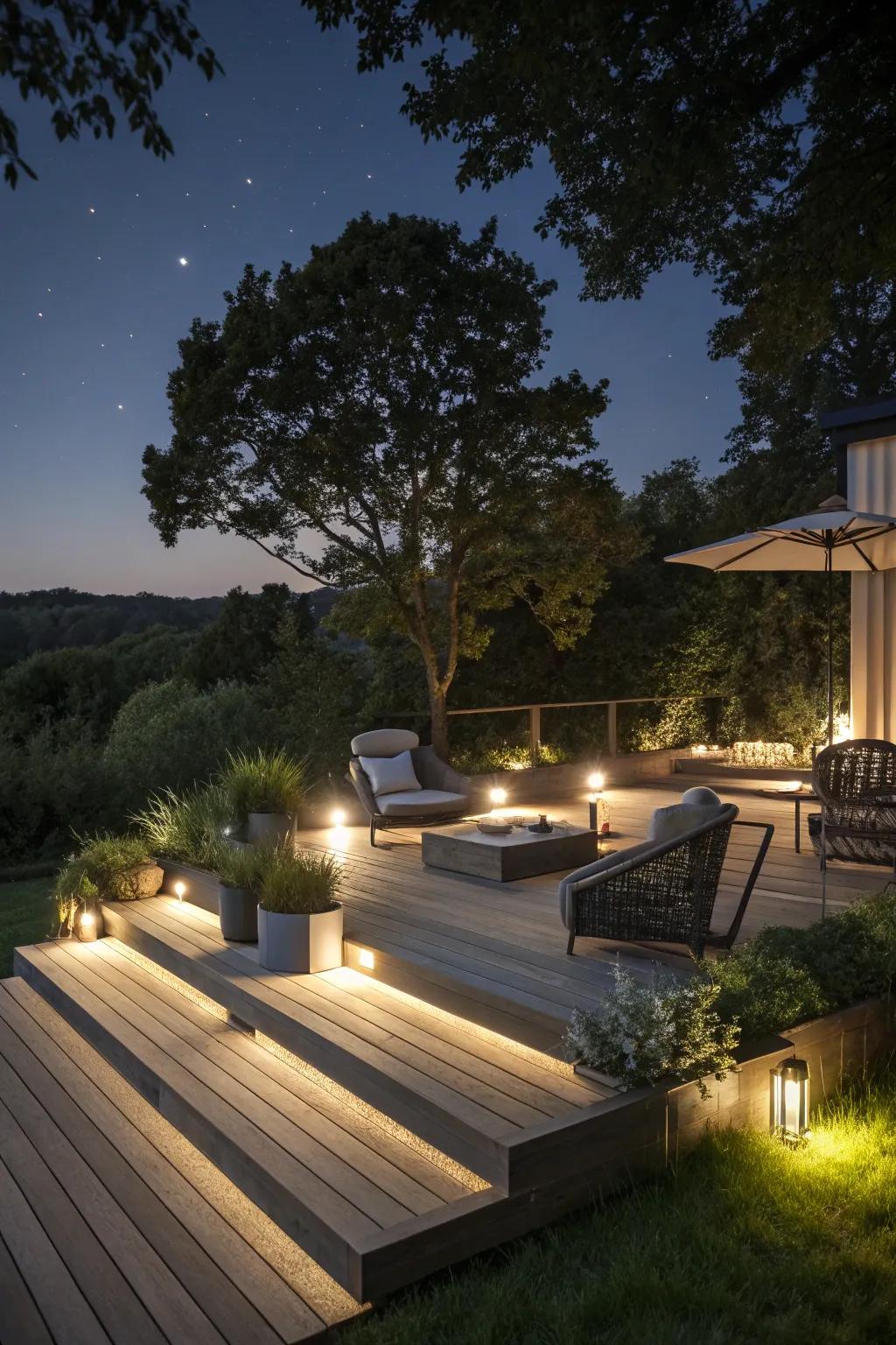 Modern lighting enhancing the ambiance of a tiered deck.
