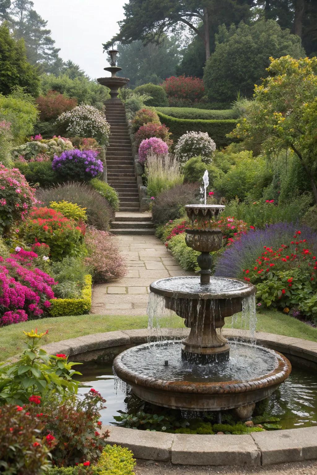 A water feature adds tranquility and elegance to tiered gardens.