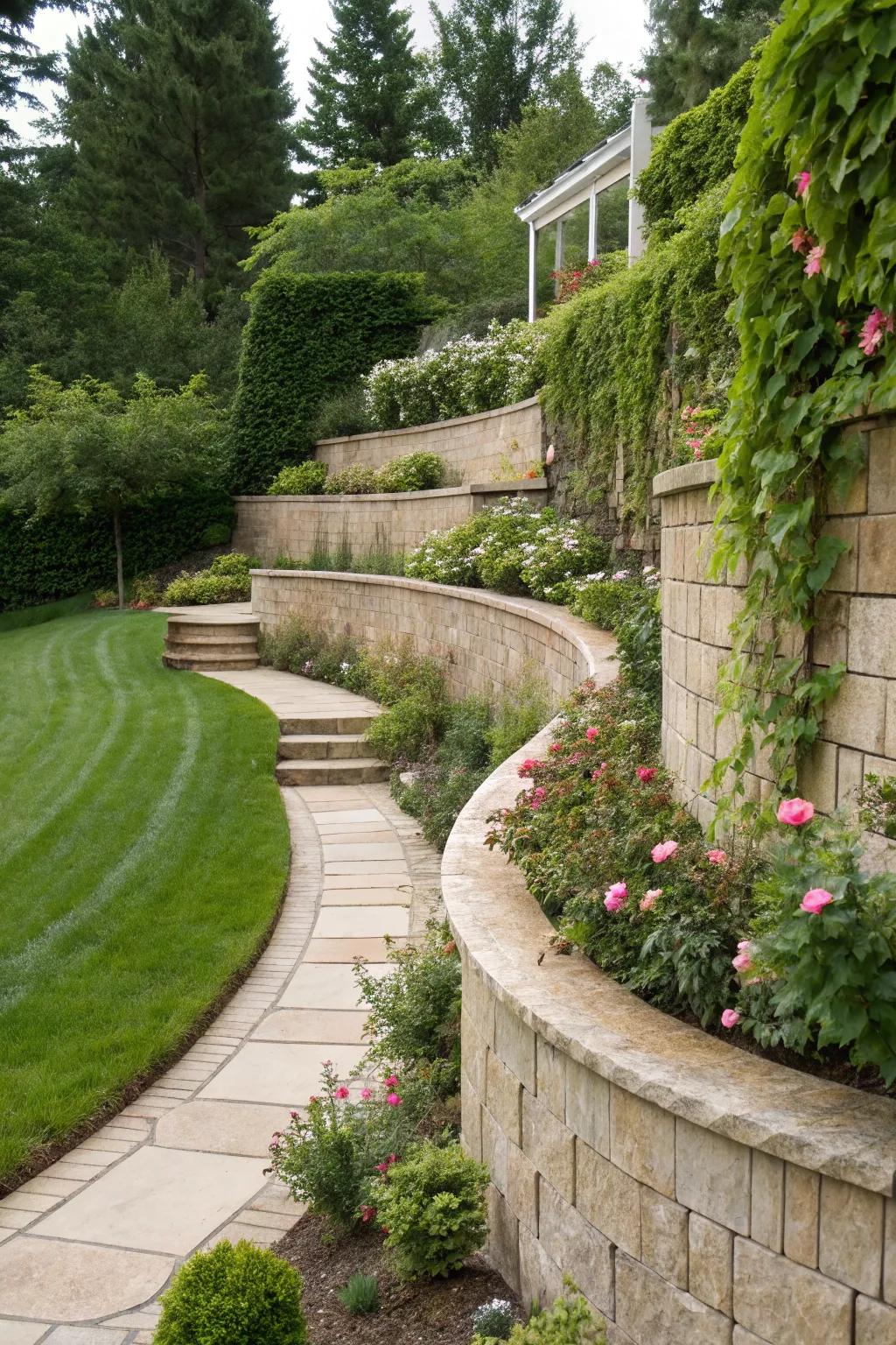 Curved walls with varying heights add a dynamic touch to this tiered retaining wall.