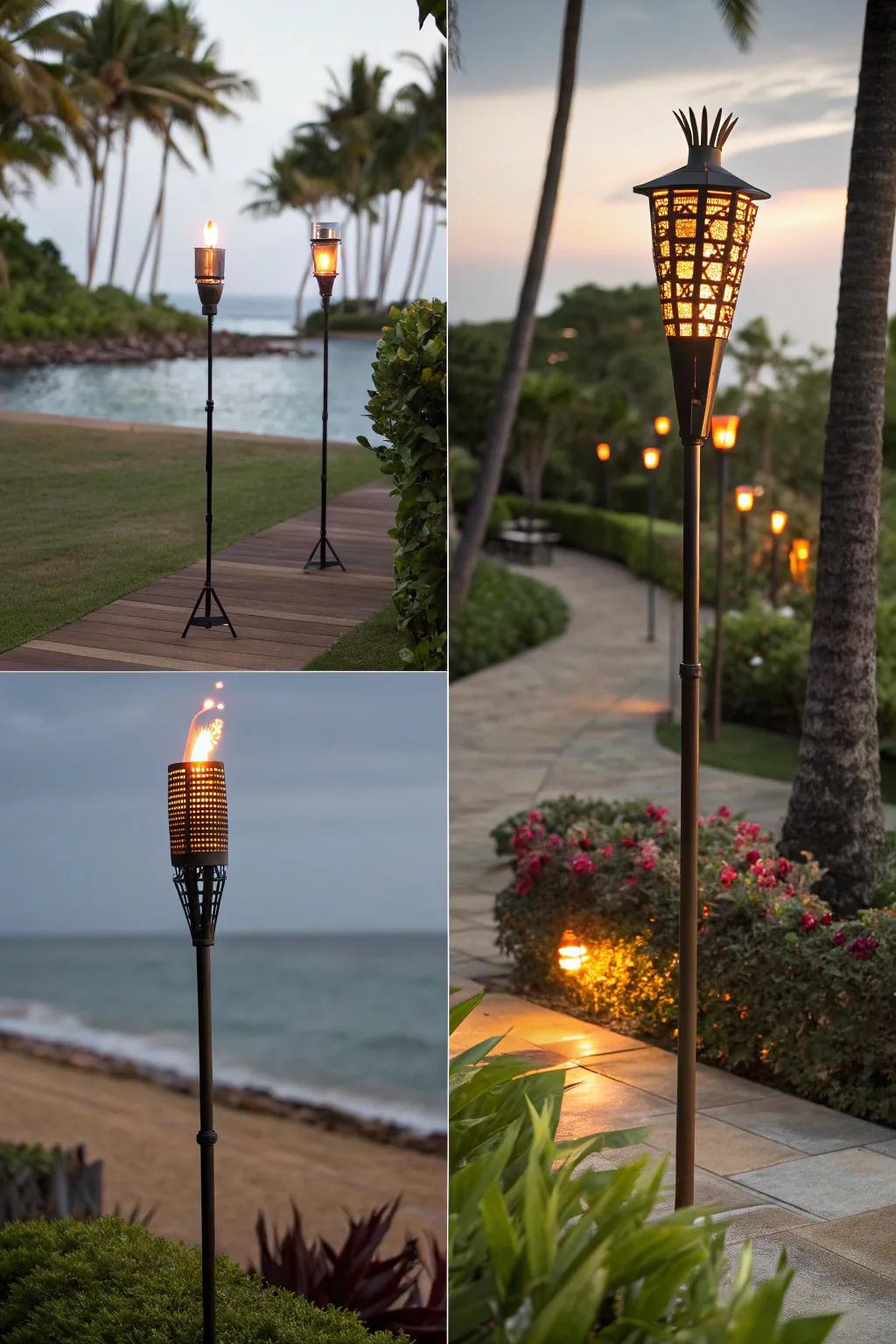 Versatile tiki torches fit any backyard setup with ease.
