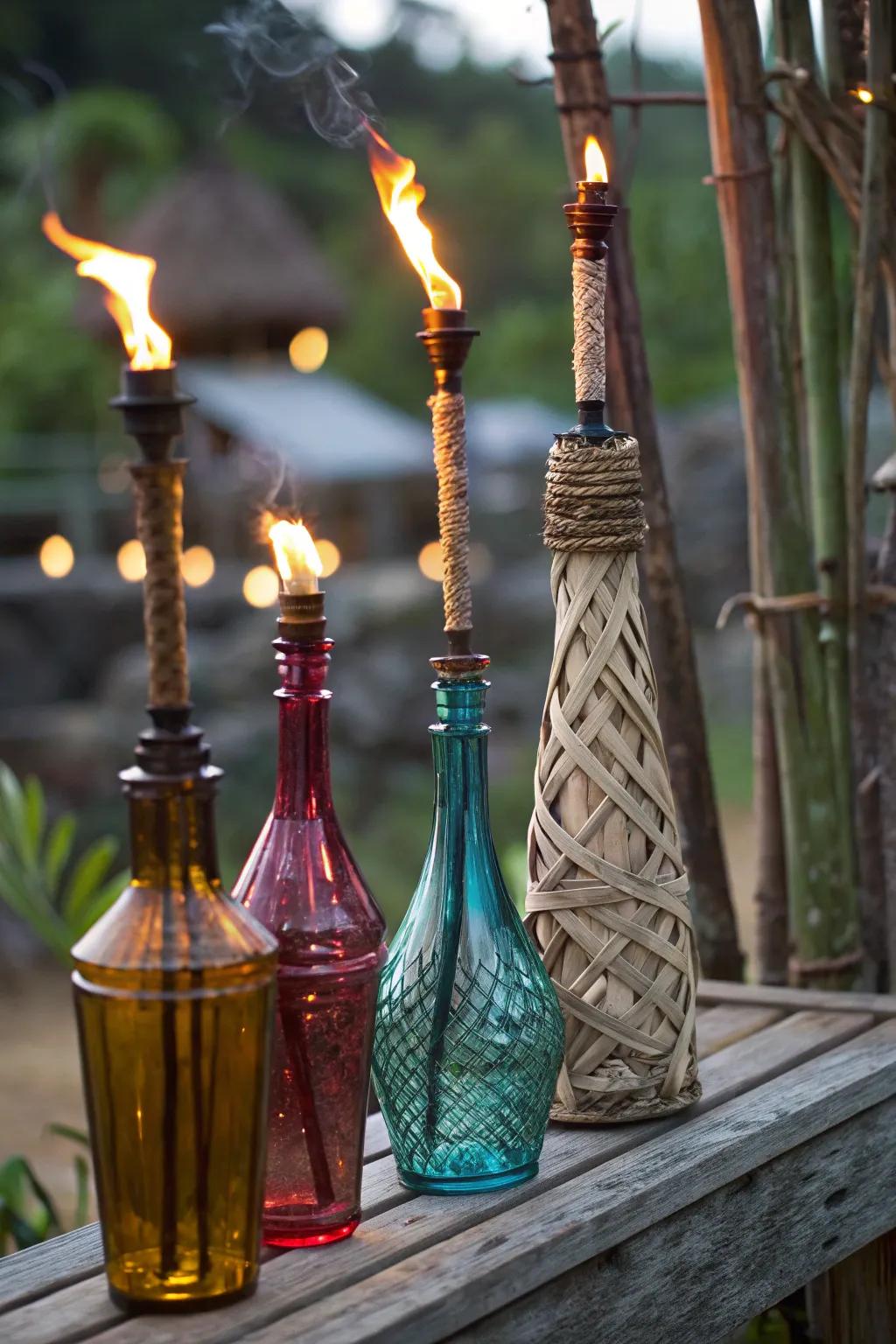 Transform vintage glass bottles into eye-catching tiki torches.