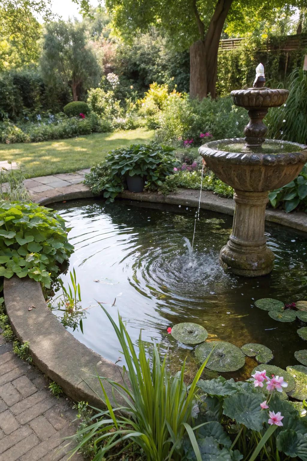 A serene garden pond with a gentle fountain, enhancing tranquility.