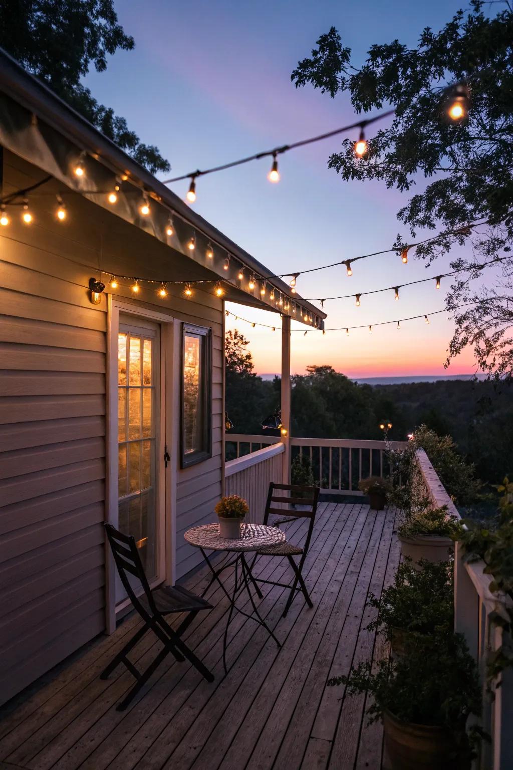 Enchanting porch lighting with string lights.