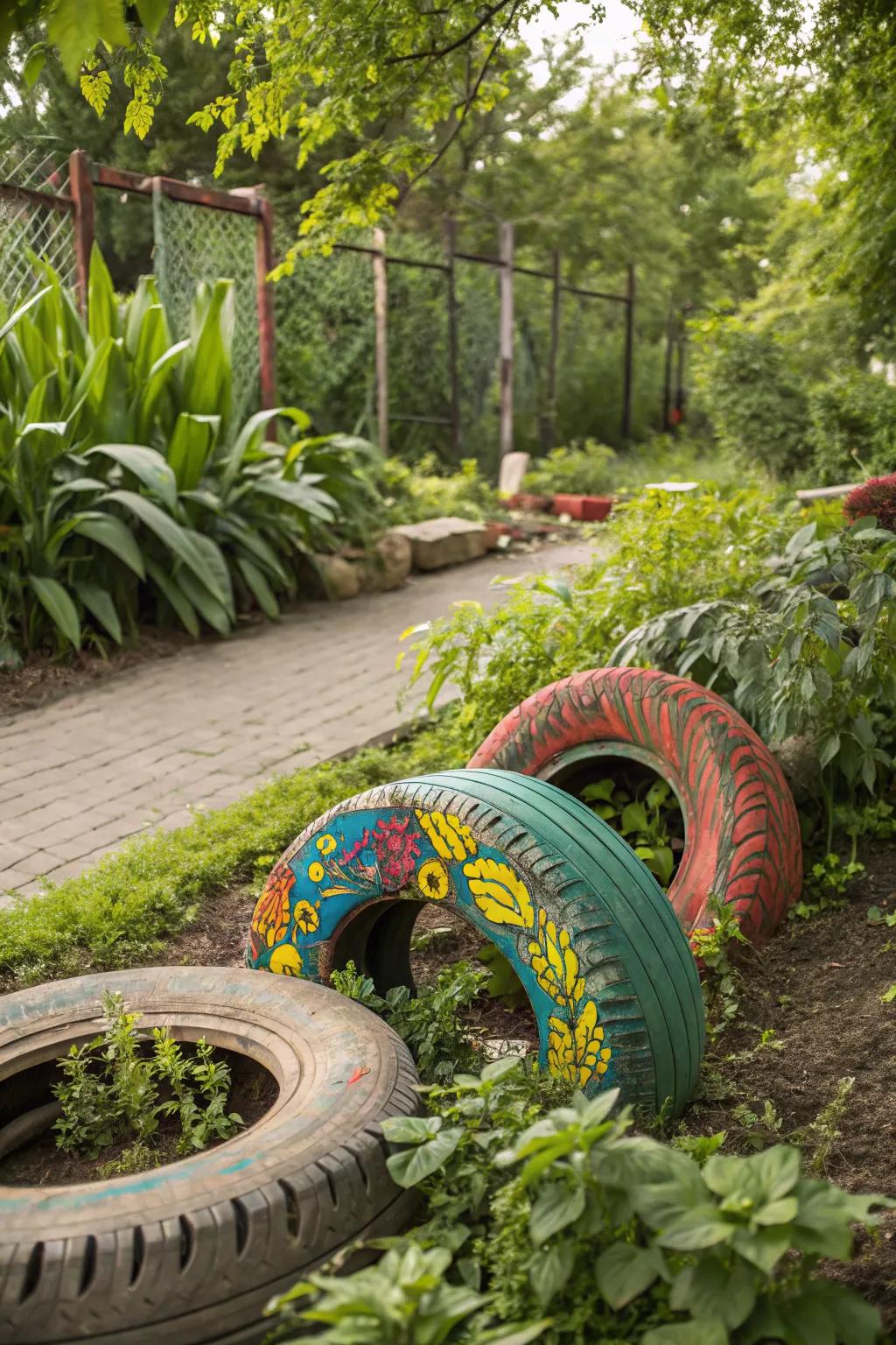 Painted tire art brings vibrancy to your garden.