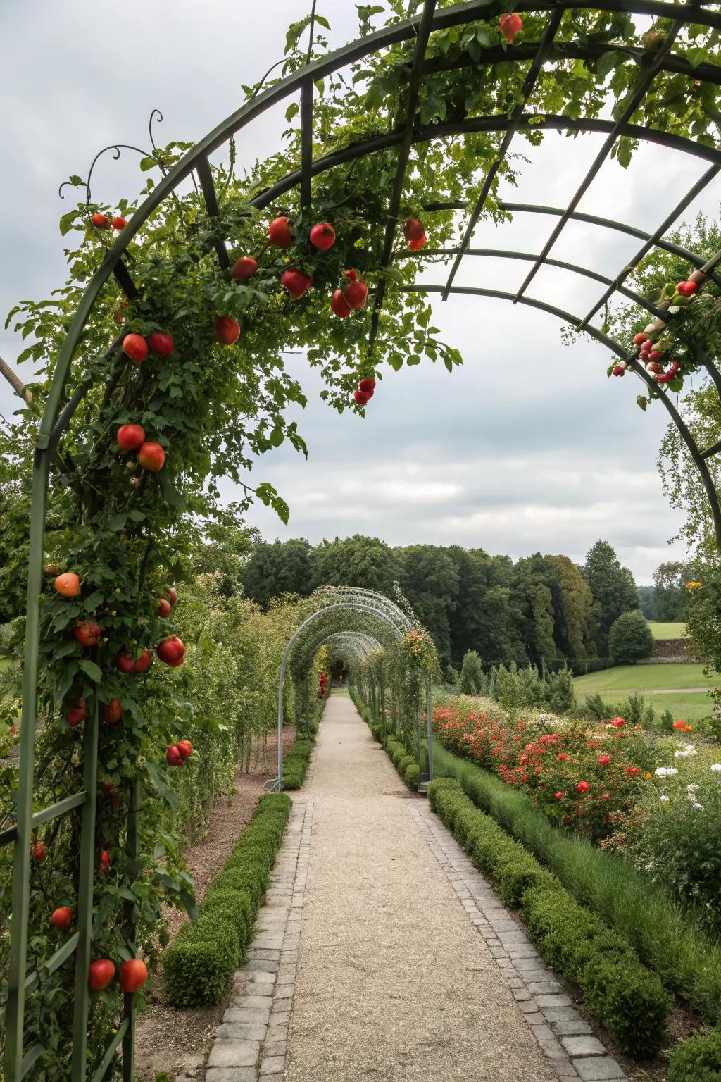 Tomato plants climbing over a stunning archway.