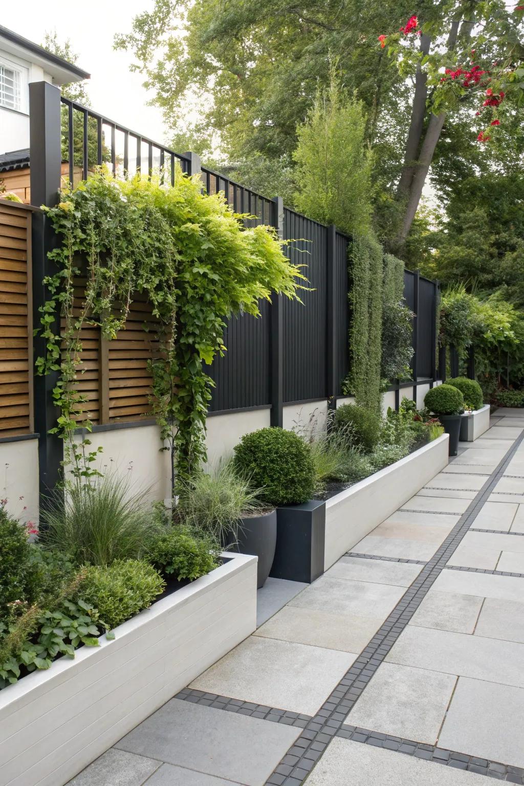 Integrated planters offer a seamless garden-fence design.