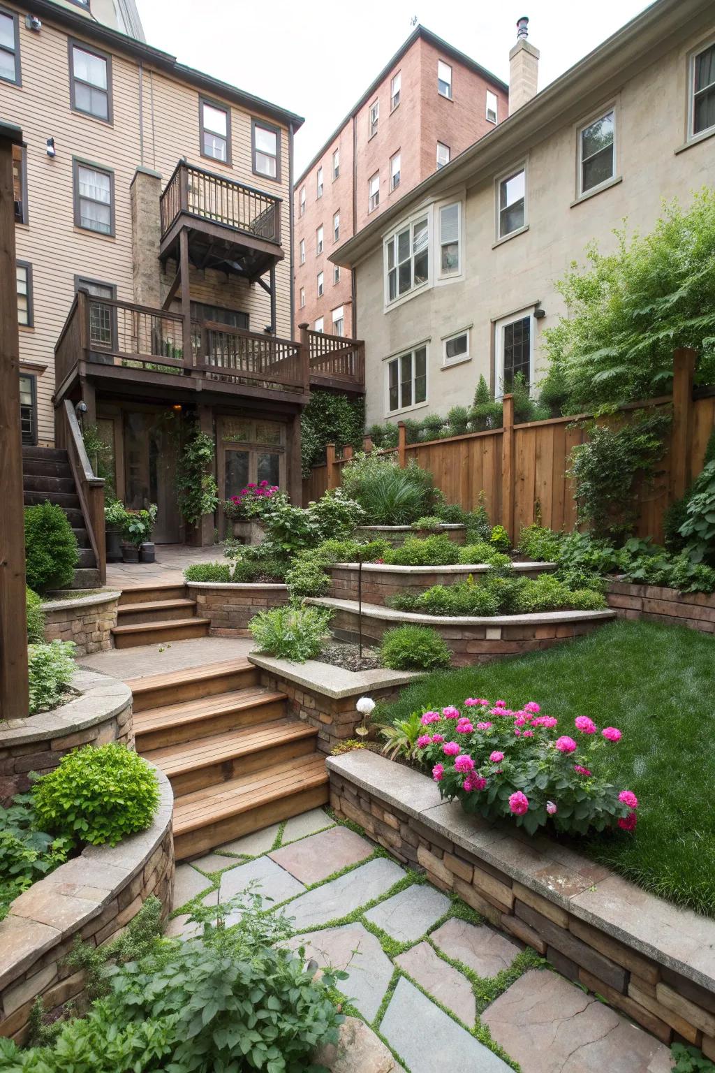 Multi-level design adds depth and interest to townhouse courtyards.