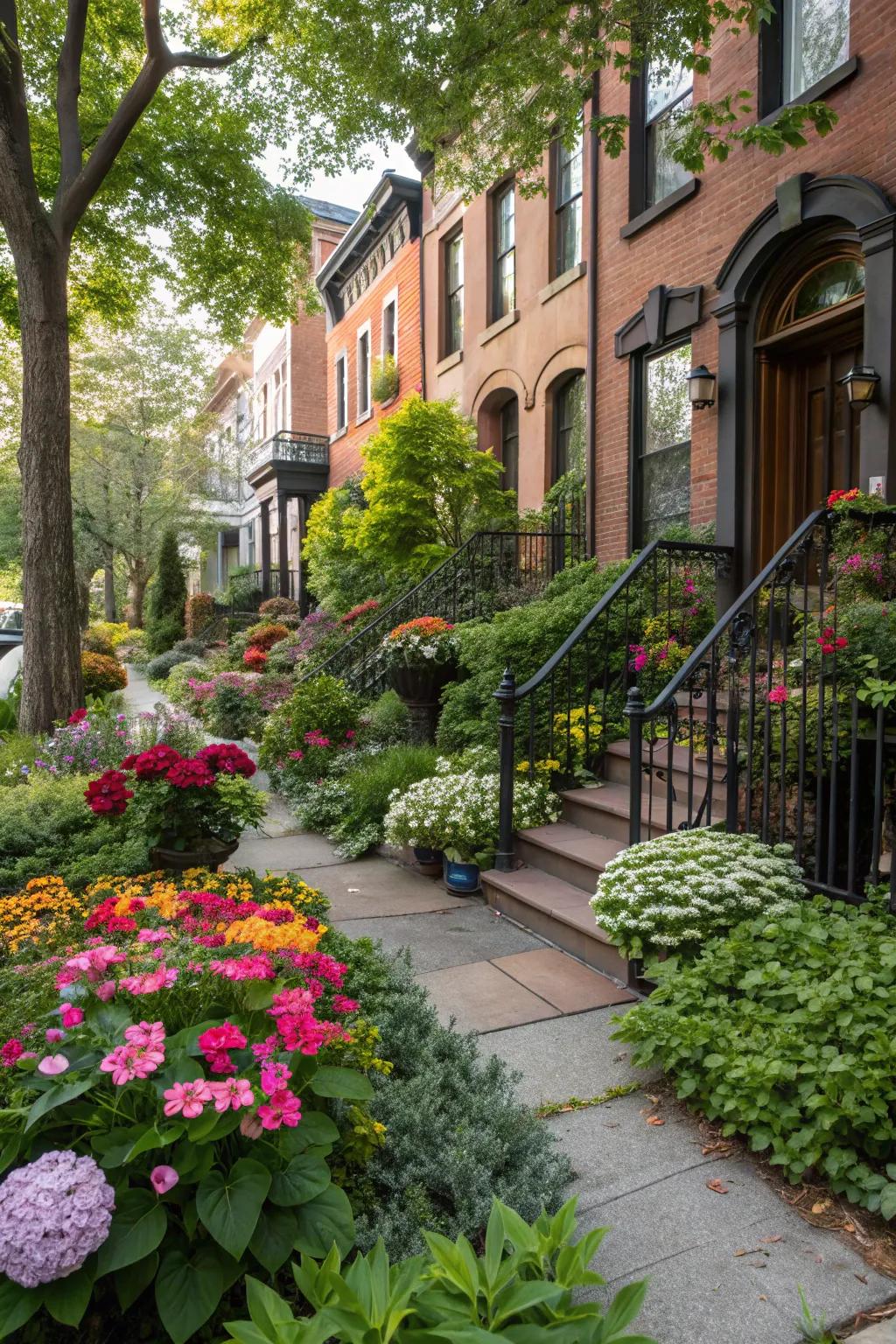 Bright flowers adding a vibrant pop of color to a townhouse front yard.