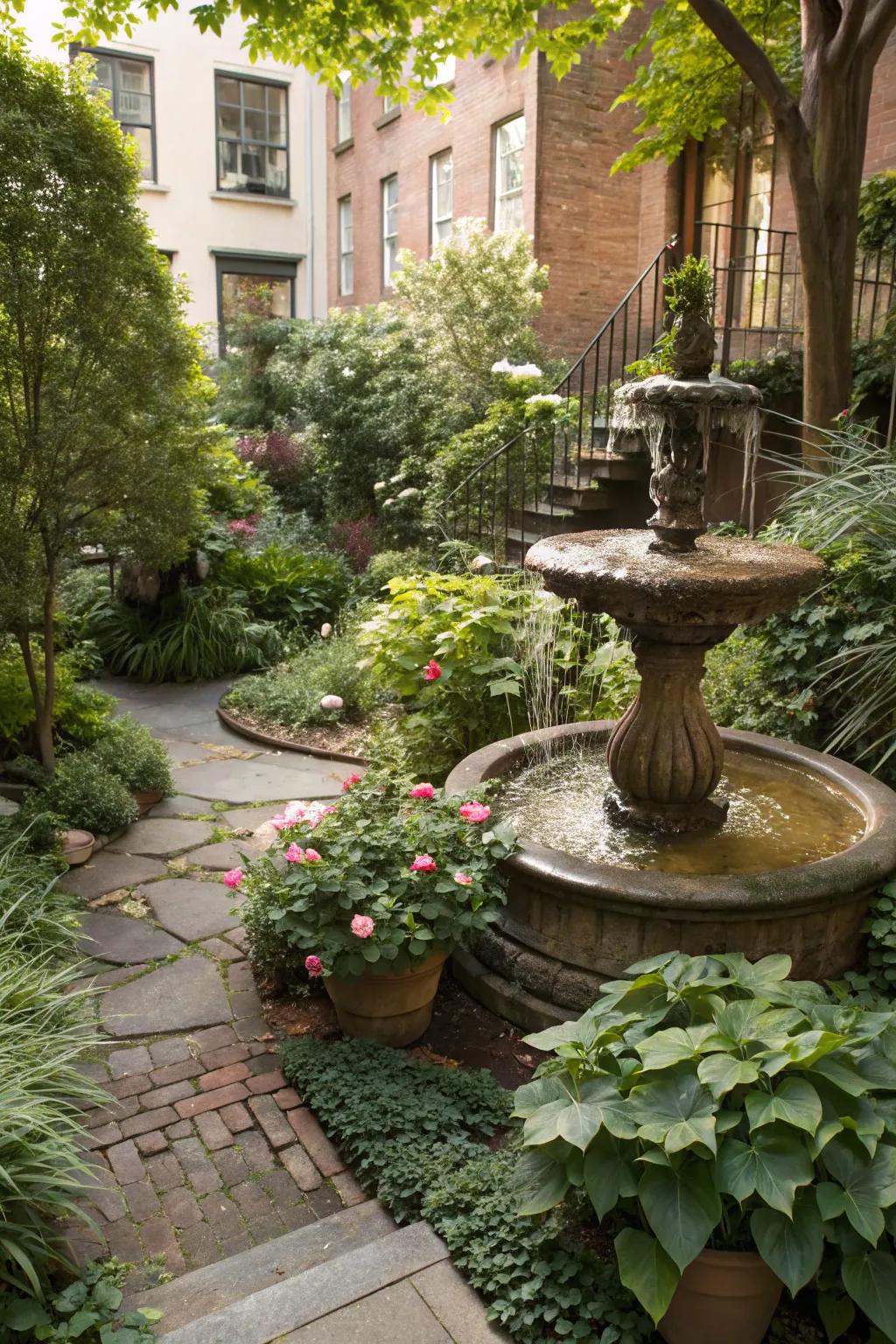 A calming tabletop water fountain nestled among plants in a townhouse garden.