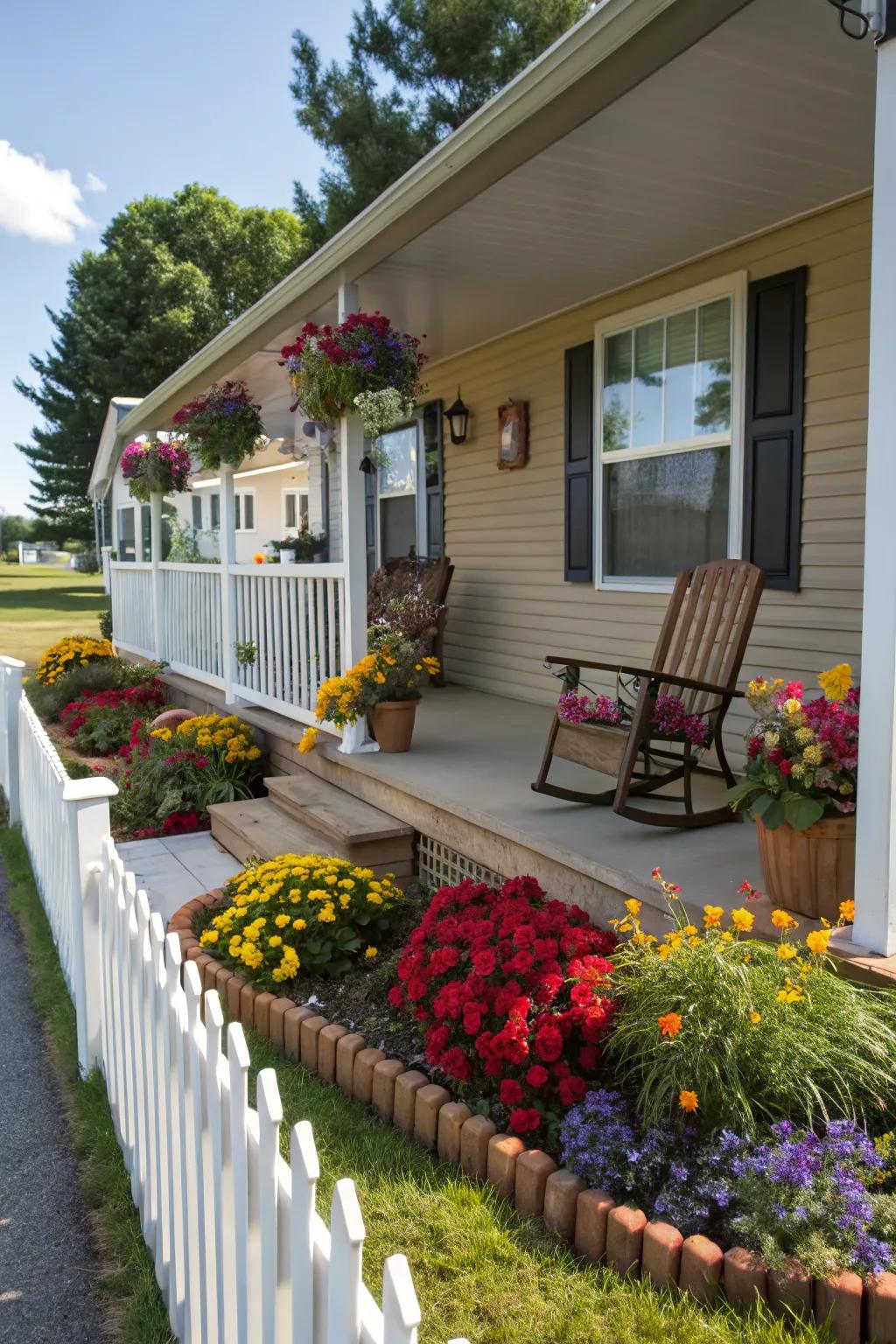 A trailer front porch surrounded by vibrant flowers and shrubs.