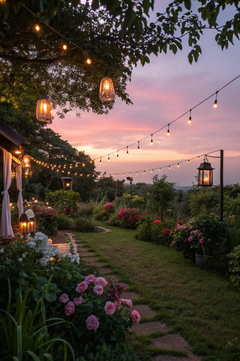 A garden transformed by the soft glow of ambient lighting.