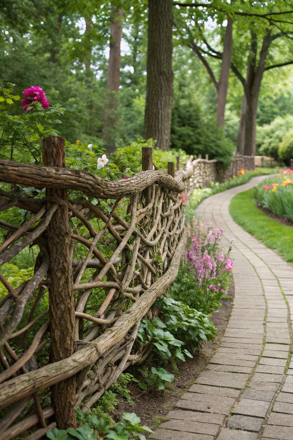 A braided branch fence adds a unique and artistic touch to any garden.