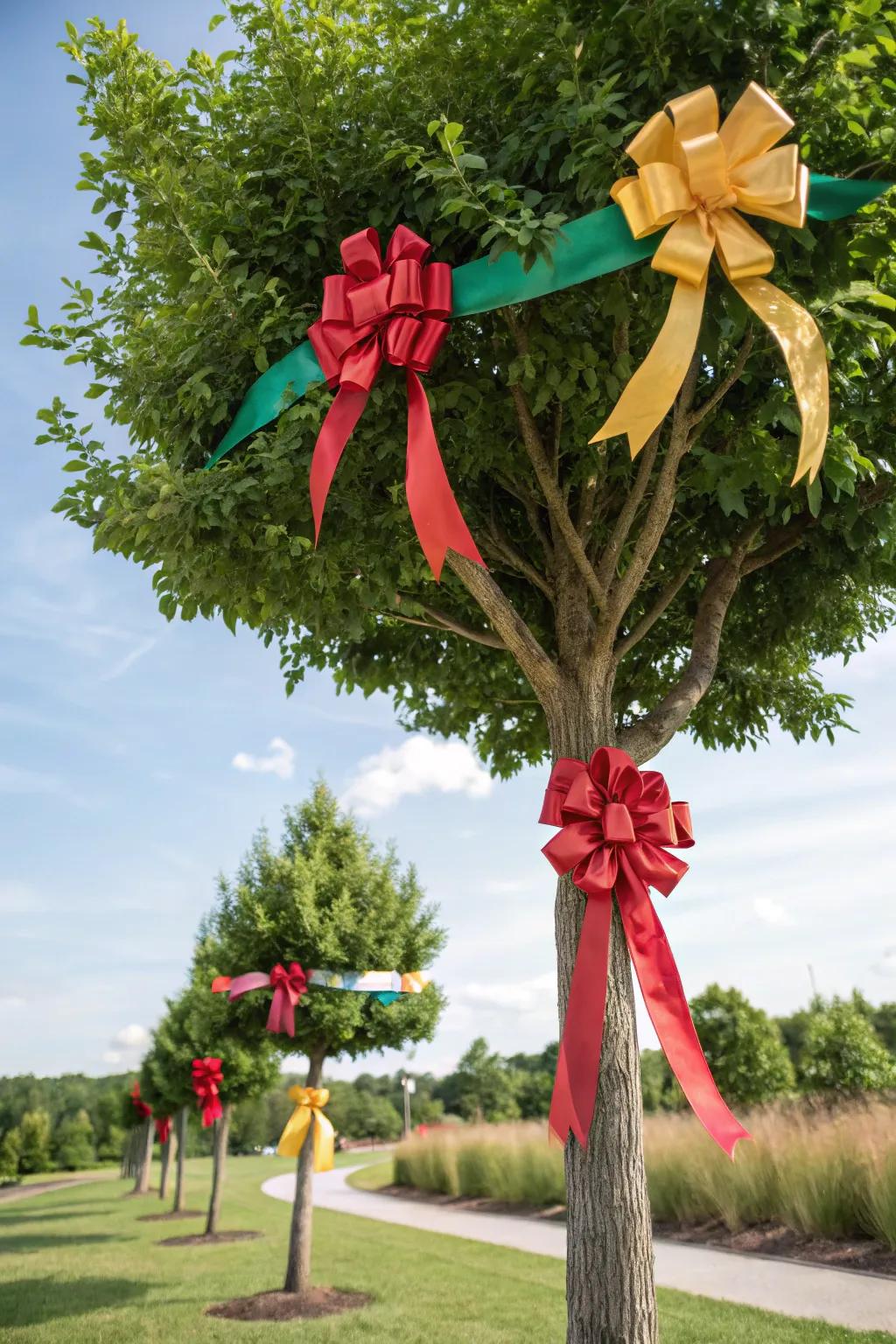 Tree decorated with colorful ribbon bows