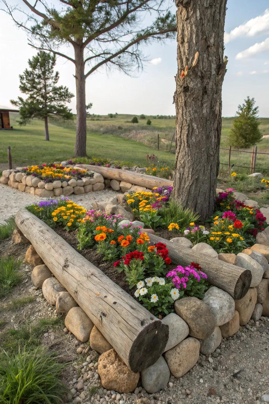 Rustic elements enhance the natural beauty of tree flower beds.