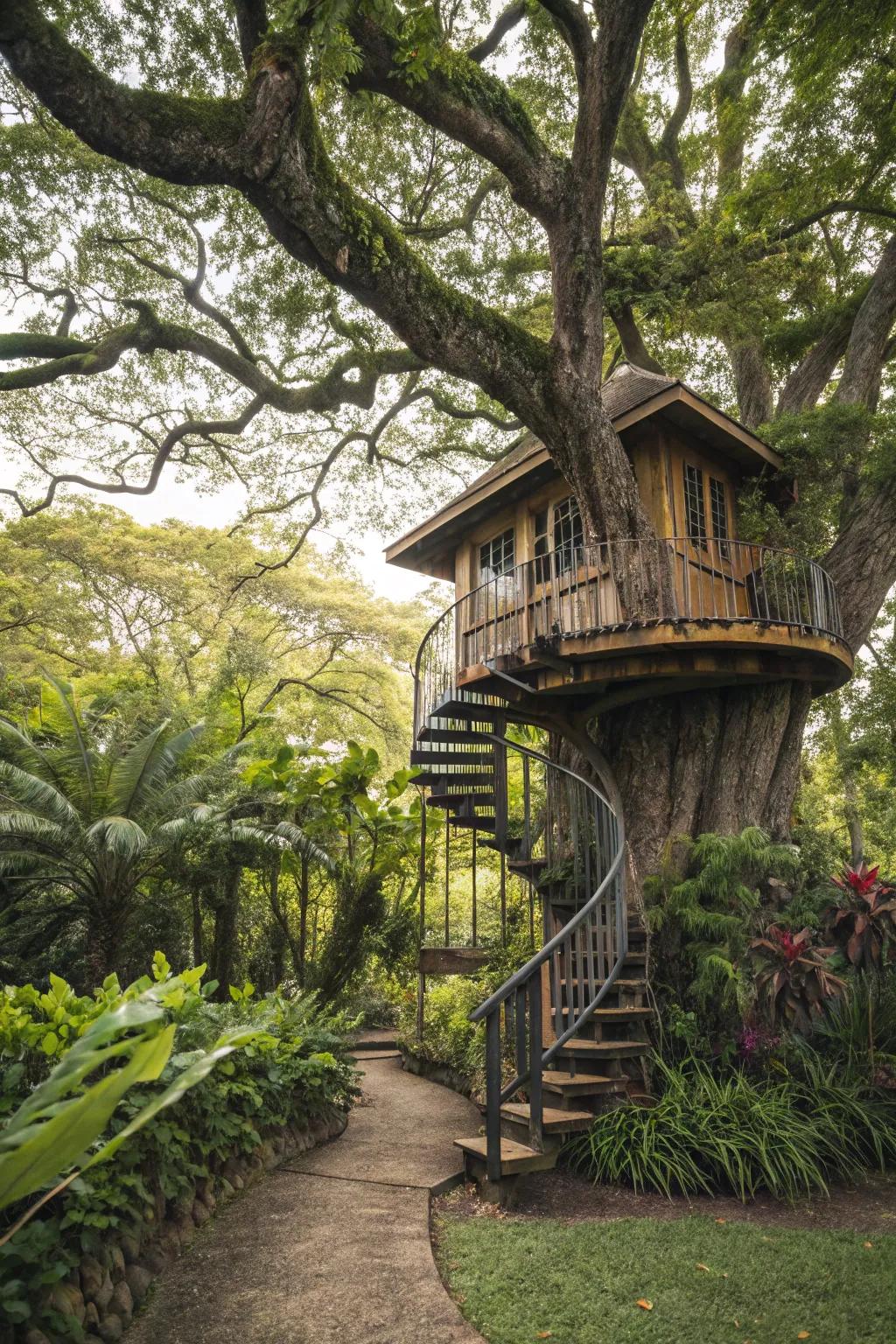 A spiral staircase adds an adventurous flair to this tree house.