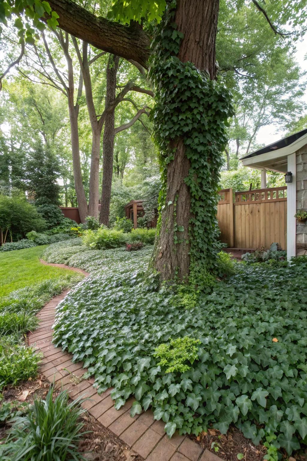 Ground cover plants add lush texture to the base of trees.