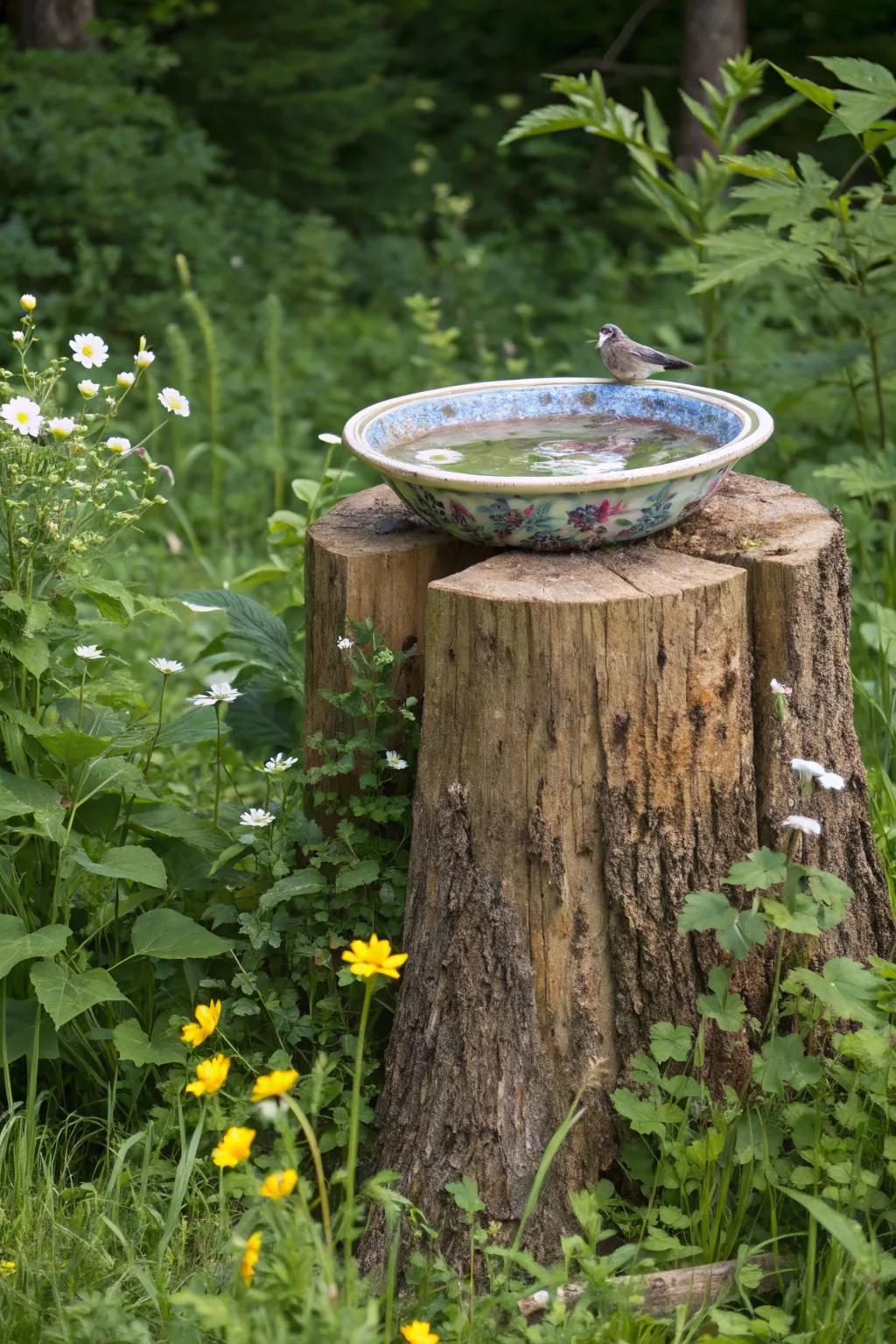 A tree stump transformed into a bird bath, attracting colorful birds.