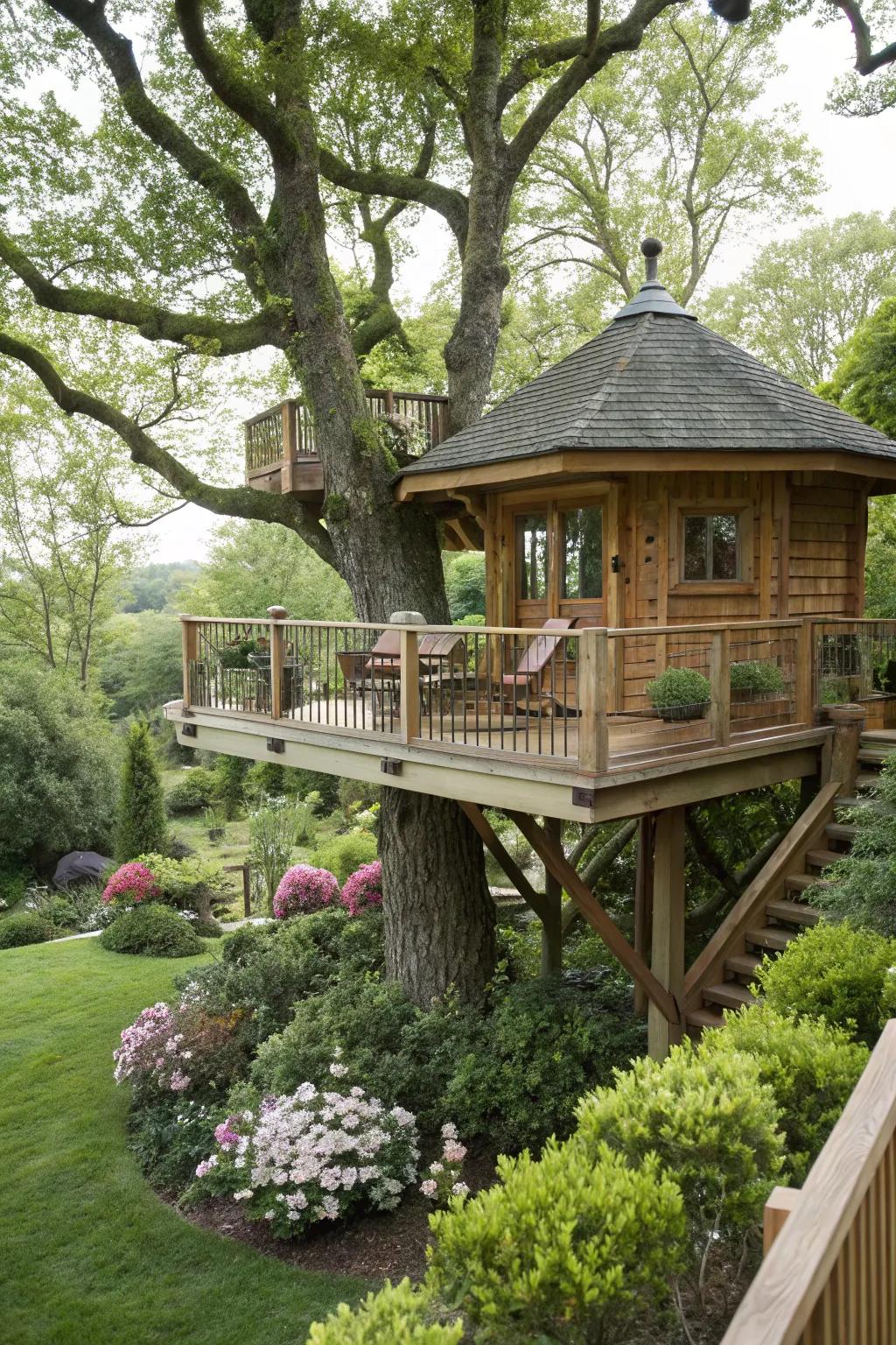 Enjoy panoramic views from this treehouse's wraparound deck.