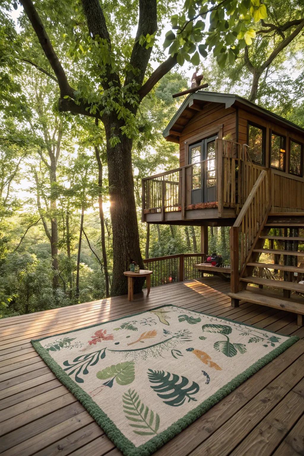 Nature-inspired rugs add warmth and style to treehouse floors.