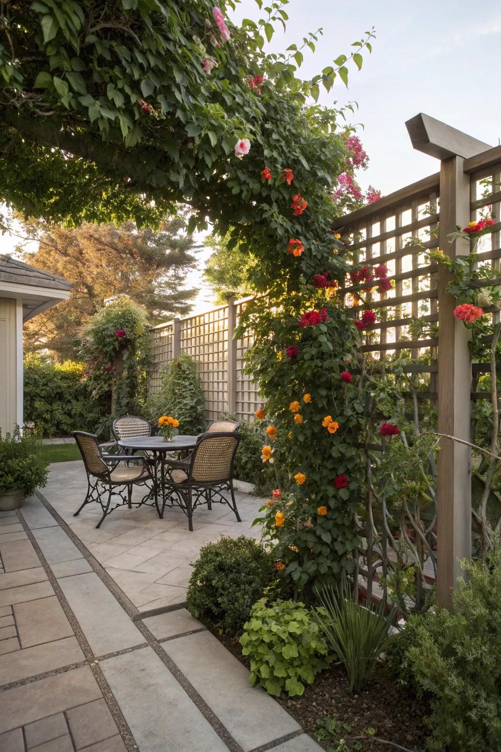 A privacy screen trellis adorned with flowering vines, offering a secluded patio space.