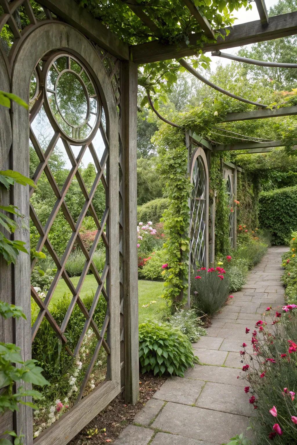 Mirrors in a trellis reflect and expand garden space.