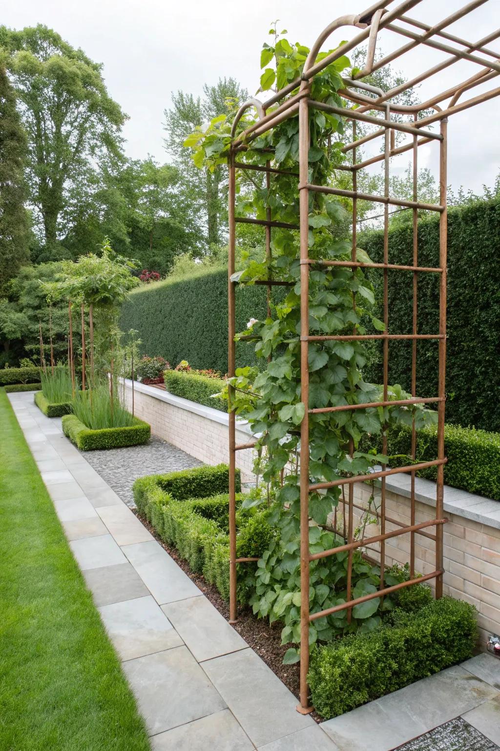A copper pipe trellis adds industrial chic to a contemporary garden setting.