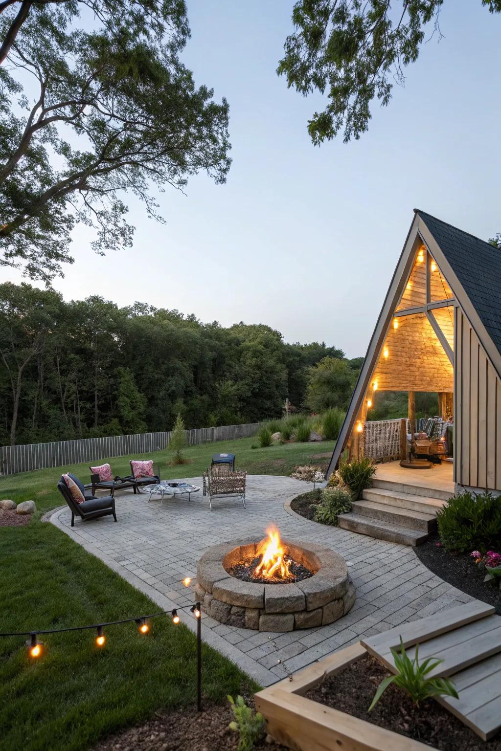 A fire pit creates a warm and inviting focal point in a triangular backyard.