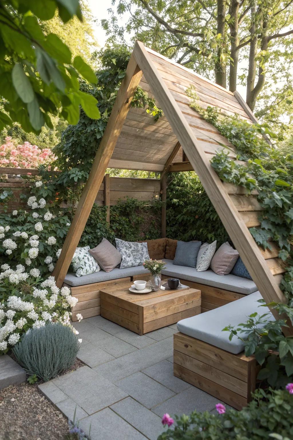 A triangle pergola with built-in seating creating an inviting outdoor nook.