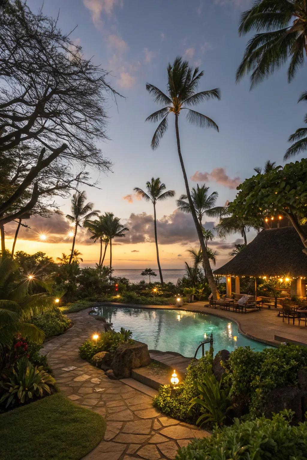 Ambient lighting sets the mood for a serene evening by the pool.