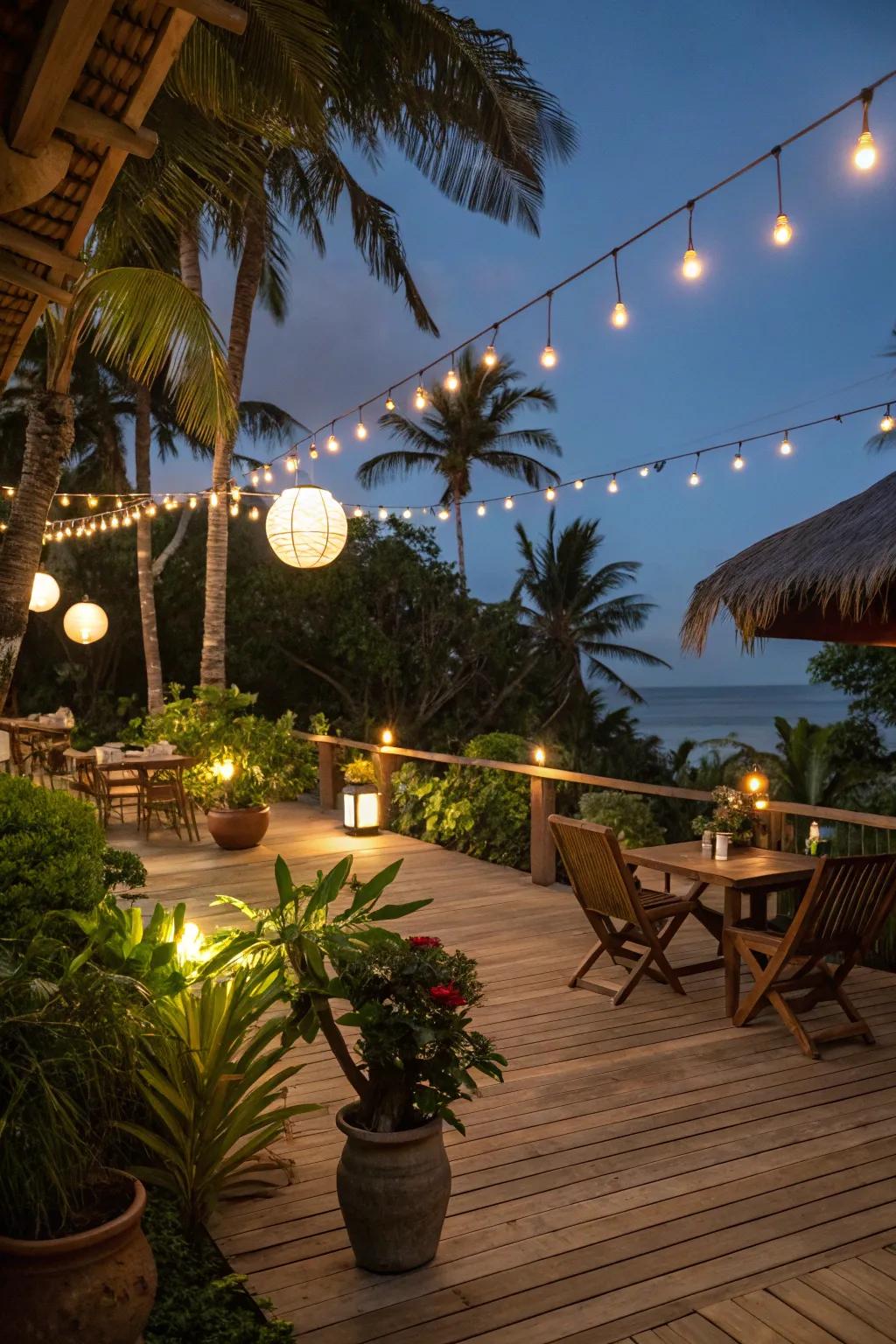 String lights and lanterns create a magical evening ambiance.