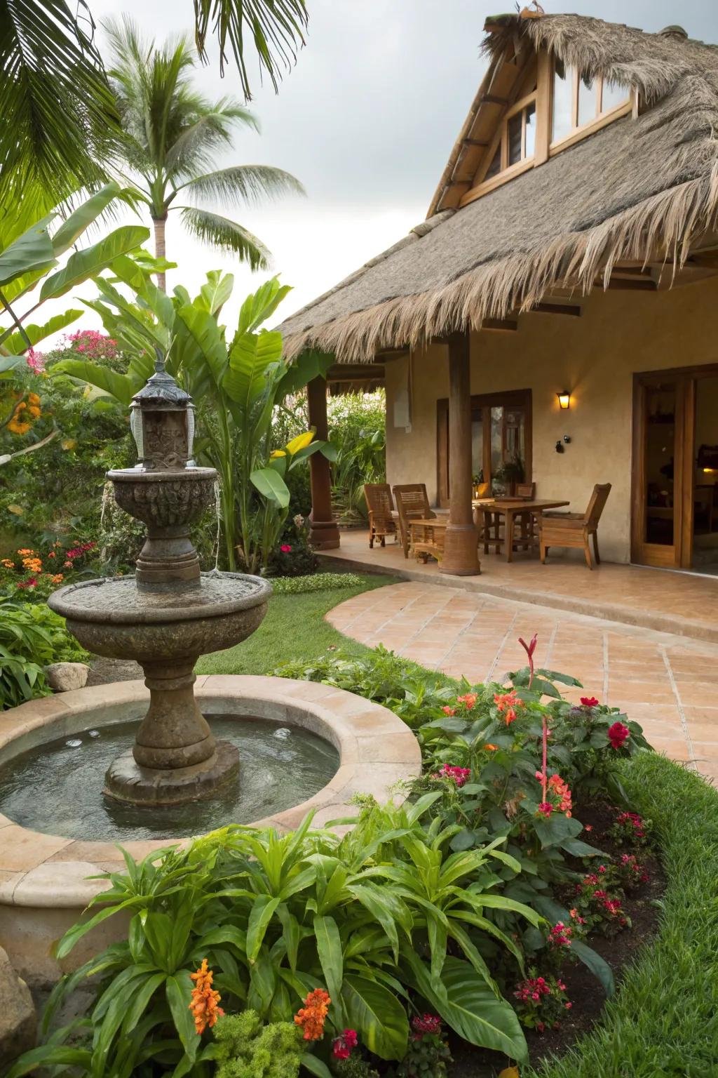 A small fountain adds a soothing water element to this tropical patio.