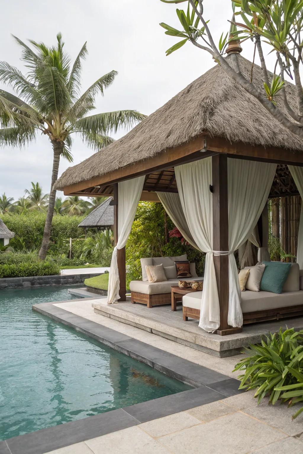 A cozy cabana providing a shaded retreat by the pool.