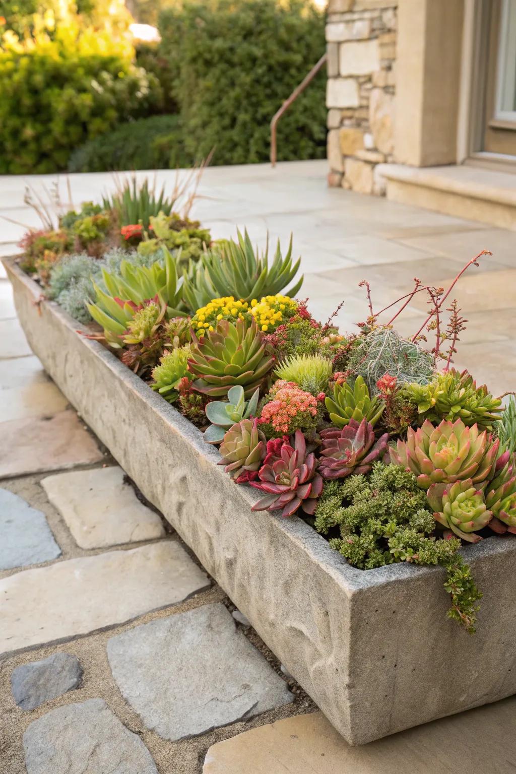 A vibrant succulent garden thriving in a trough planter.