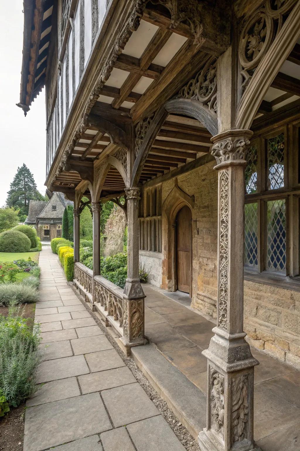 Stone accents enhance the rustic charm of this Tudor porch.