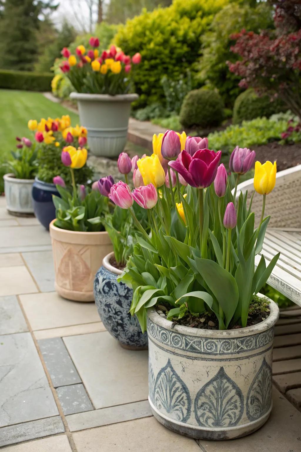 Tulips in containers bring vibrant color to any patio setting.