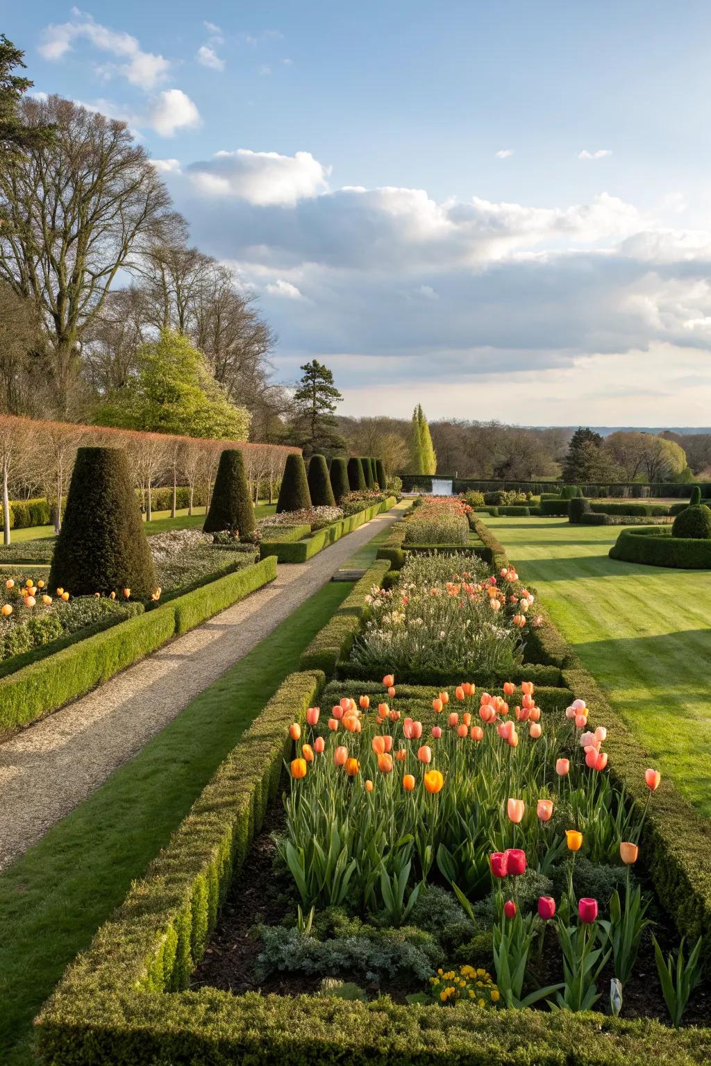 Symmetrical tulip arrangements add elegance to formal gardens.