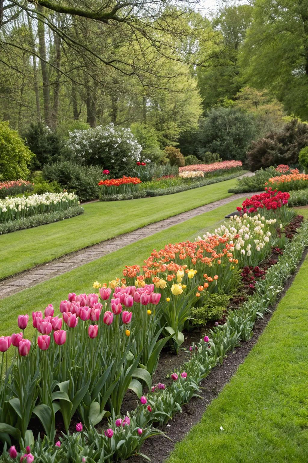 Tulip borders adding structure and color to garden beds.