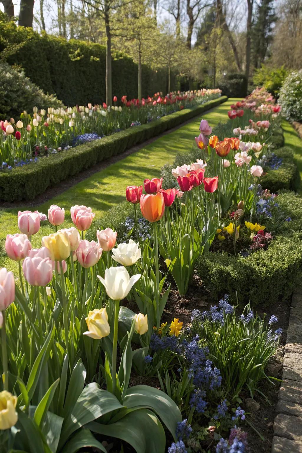 Layered planting with tulips adding depth and texture.