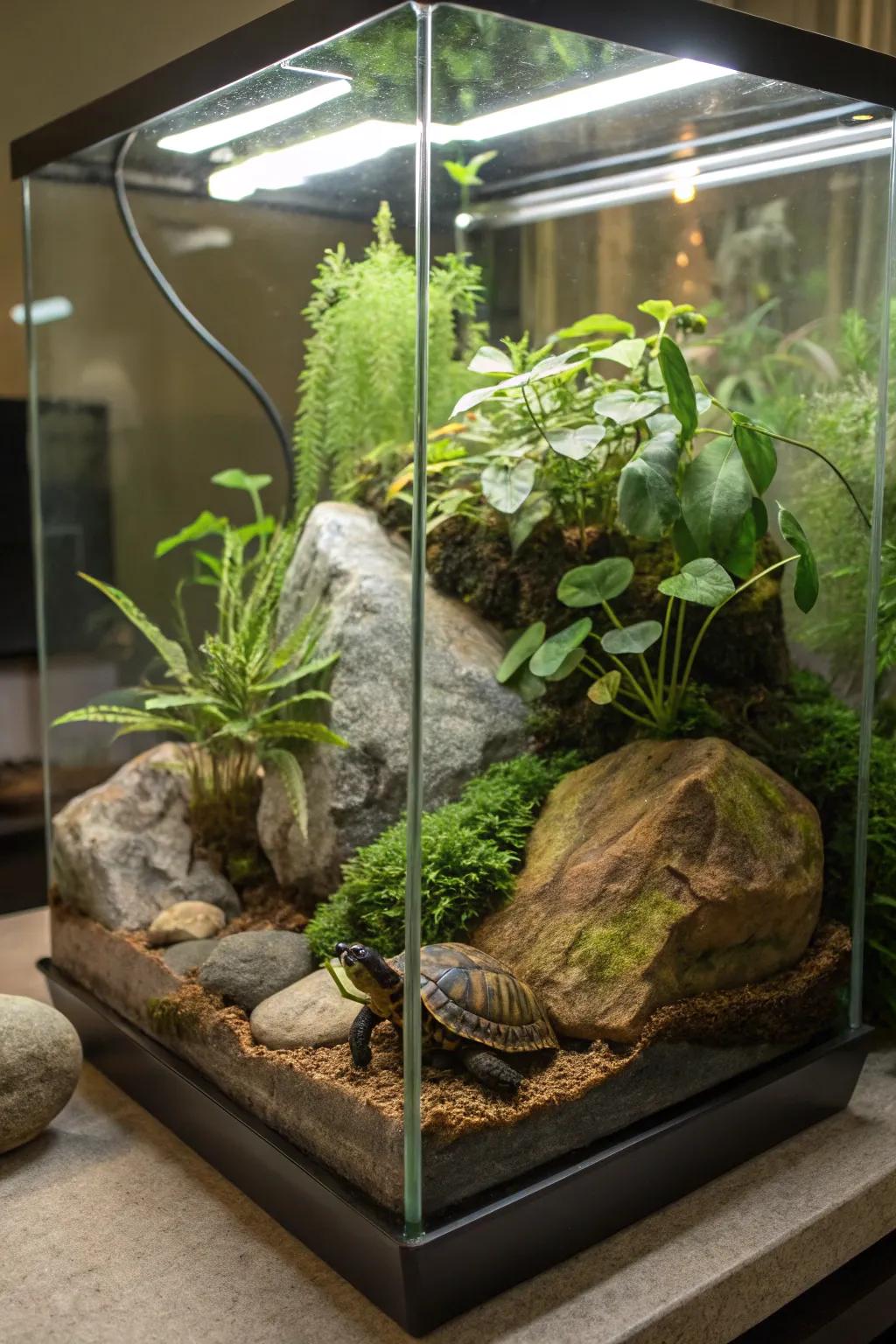 A picturesque glass terrarium for turtles.