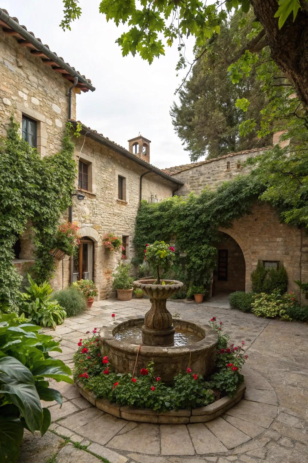 A fountain adds a peaceful focal point to this courtyard.