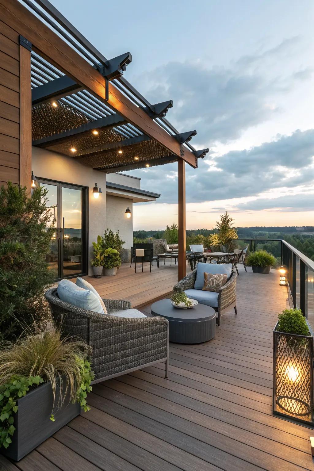 A deck that artfully combines warm and cool tones for a unique ambiance.